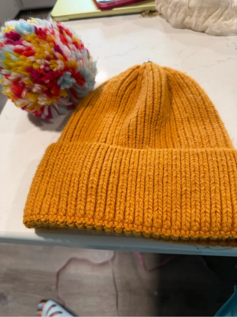 Anthropologie Pick a Pom Ribbed Beanie Hat - Mustard
